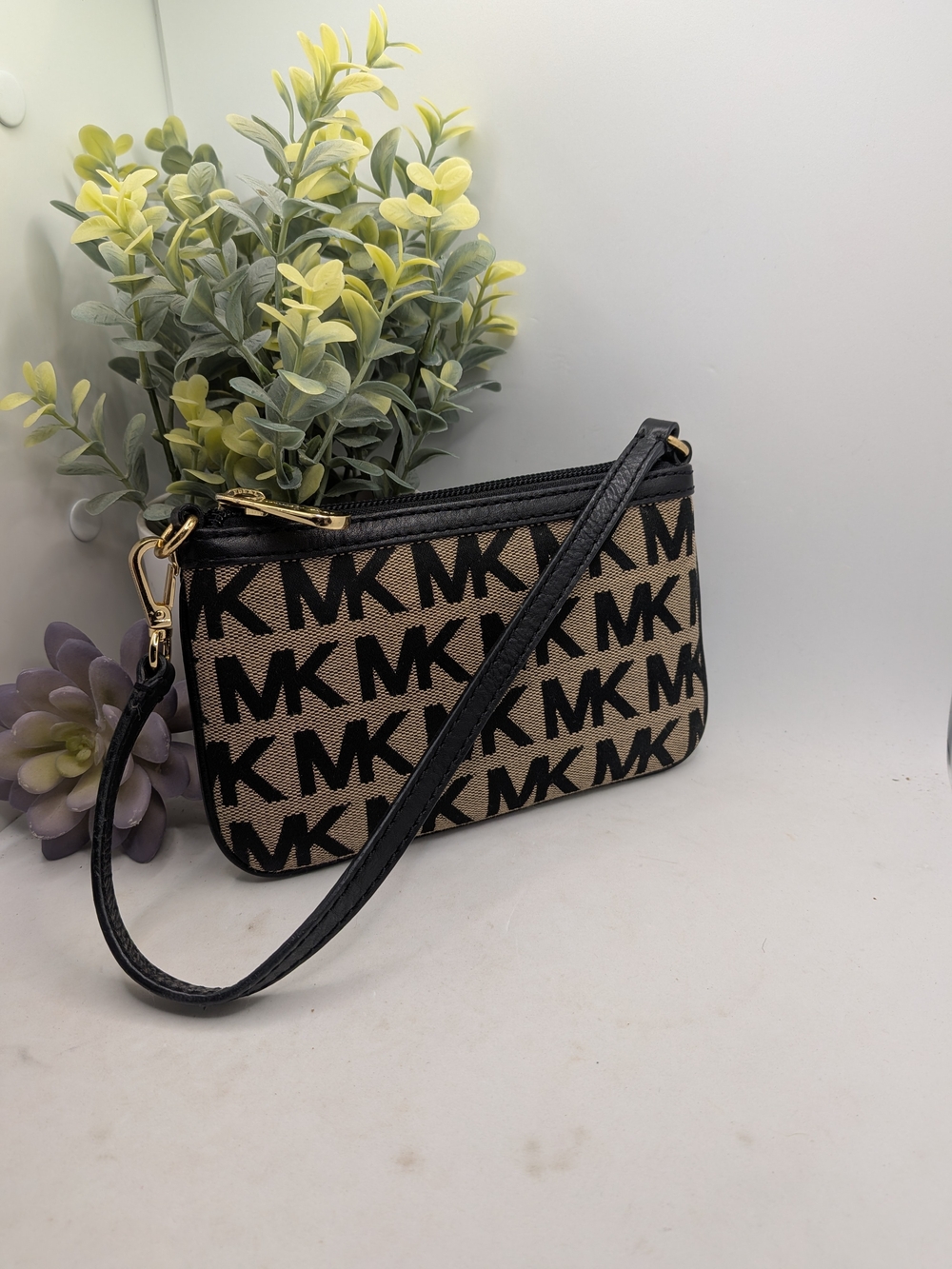 Michael Kors Black and Tan MK Logo Wristlet Pouch